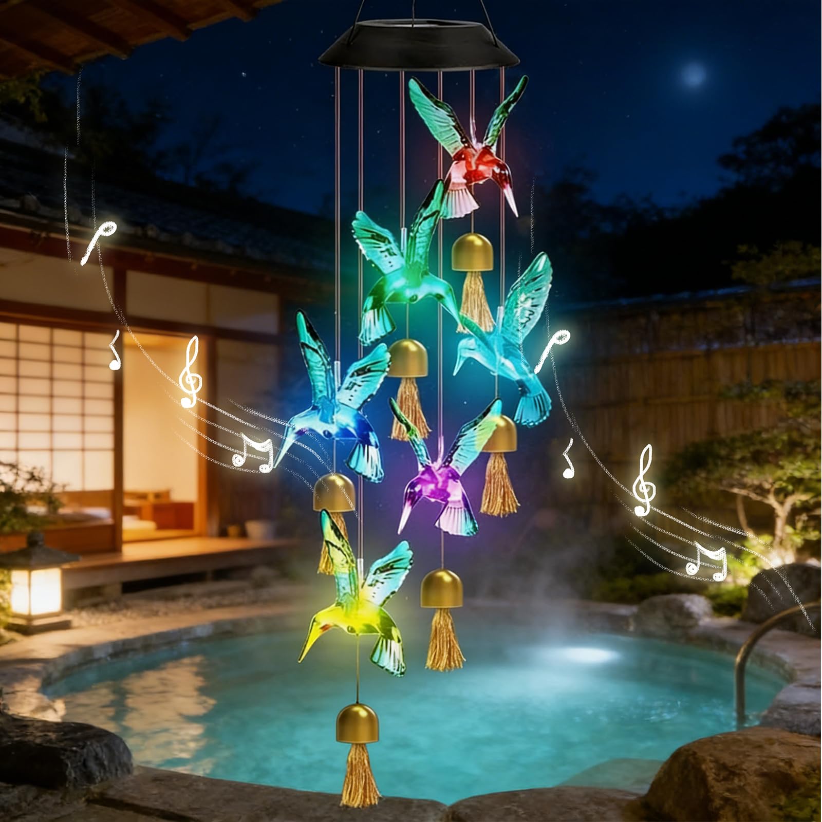 2 scacciapensieri solari per esterni, scacciapensieri a energia solare, per esterni, a forma di vento, per giardino, colibrì, per esterni, a LED che cambiano colore, impermeabile