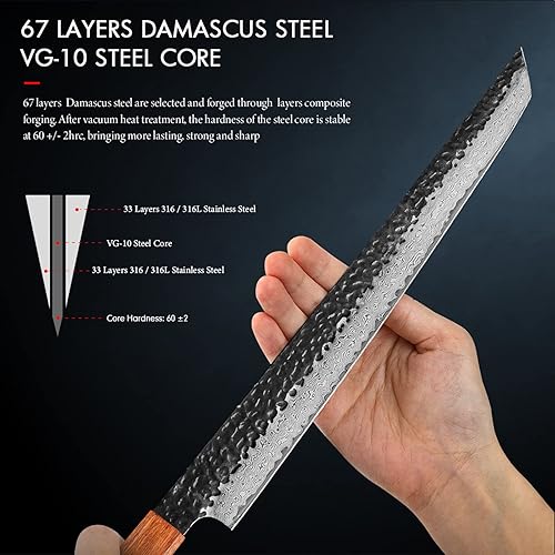 Miniatura 8 de TURWHO Cuchillo japonés Sashimi de 10.5 pulgadas forjado a mano 67 capas de acero Damasco Salmón Cuchillos de cocina