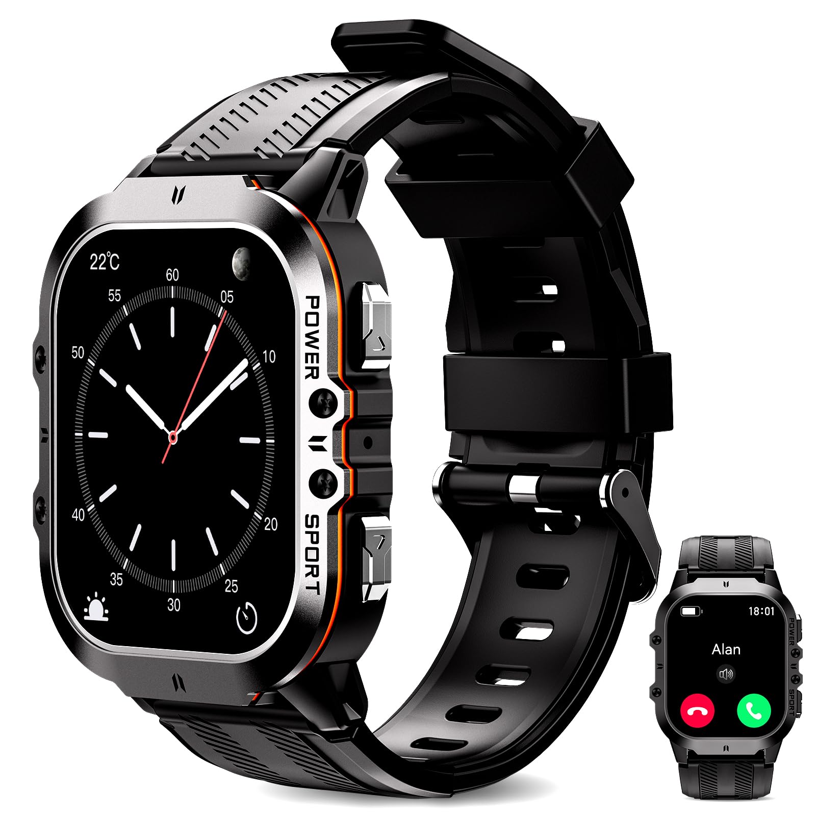 OUKITEL Orologio Smartwatch Uomo Militare Rugged 1.96'', Chiamate Bluetooth, 120+ Modalità Sportive, 5ATM Impermeabile, -40℃~70℃ Resistente, Cardiofrequenzimetro, Sonno, Bussola, Torcia, Android iOS