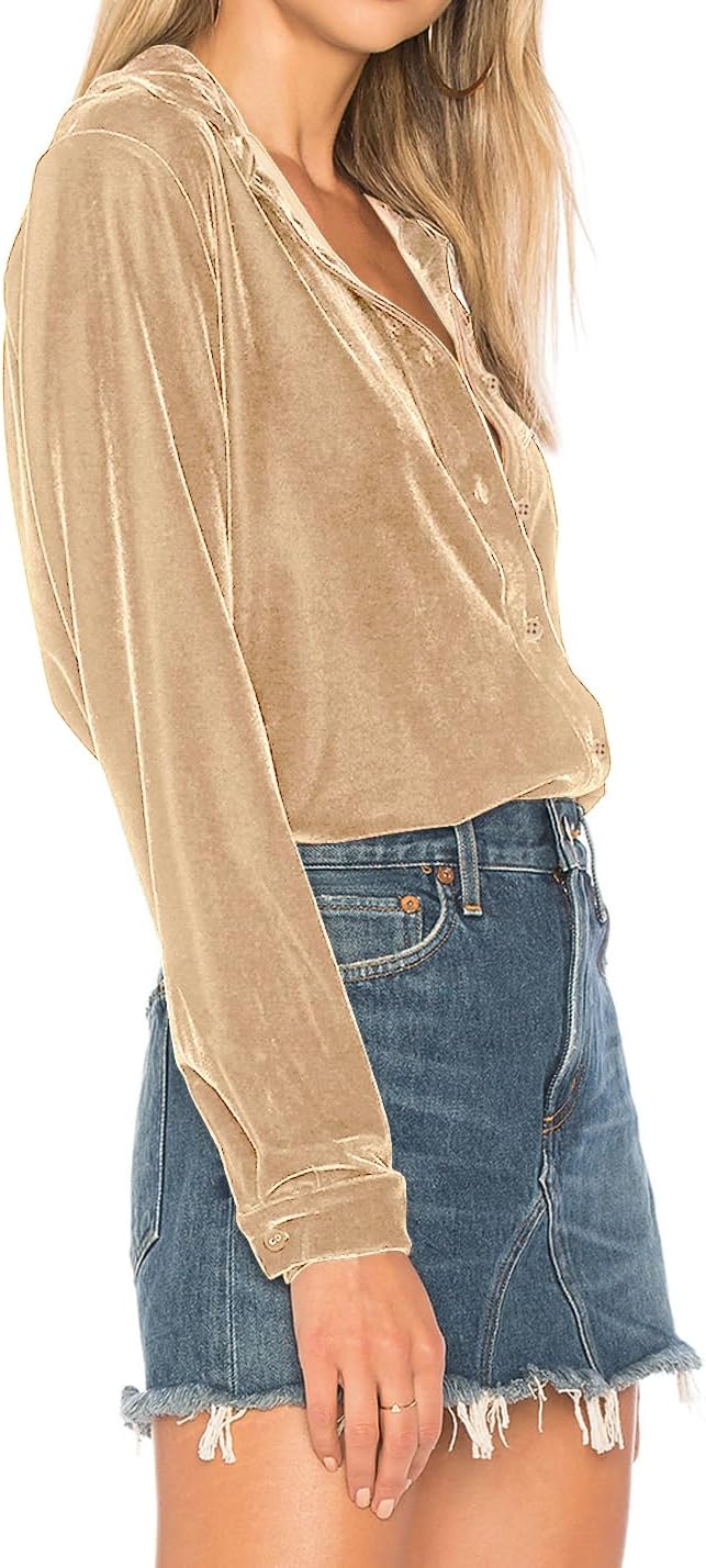 R.Vivimos Womens Winter Velvet Long Sleeve Button Down Casual Tops Shirts - Image 2