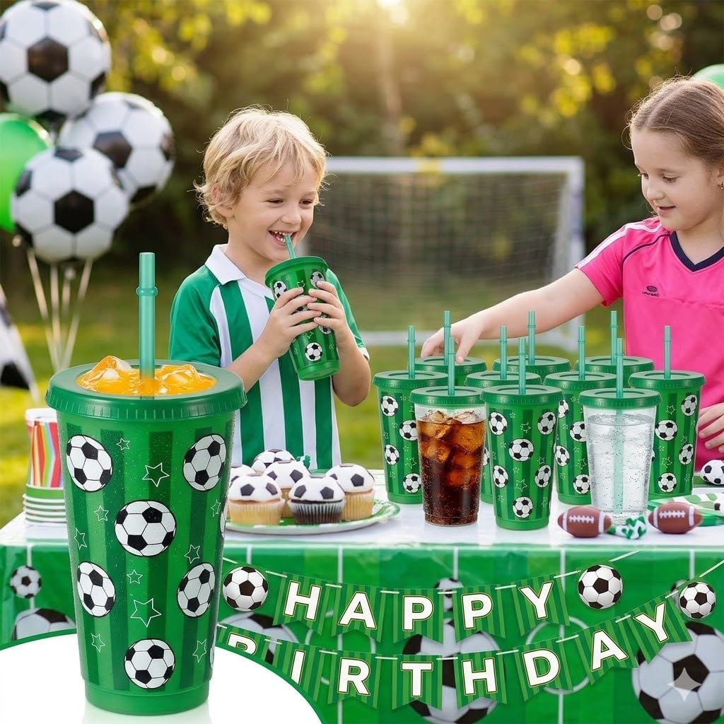 12 Pack 24oz Soccer Party Cups with Lids and Straws - Reusable Plastic Tumblers for Kids Birthday, Sports Themed Football Pattern Cold Drink Cups, Game Day Party Supplies, Team Gifts & Favors (Green)