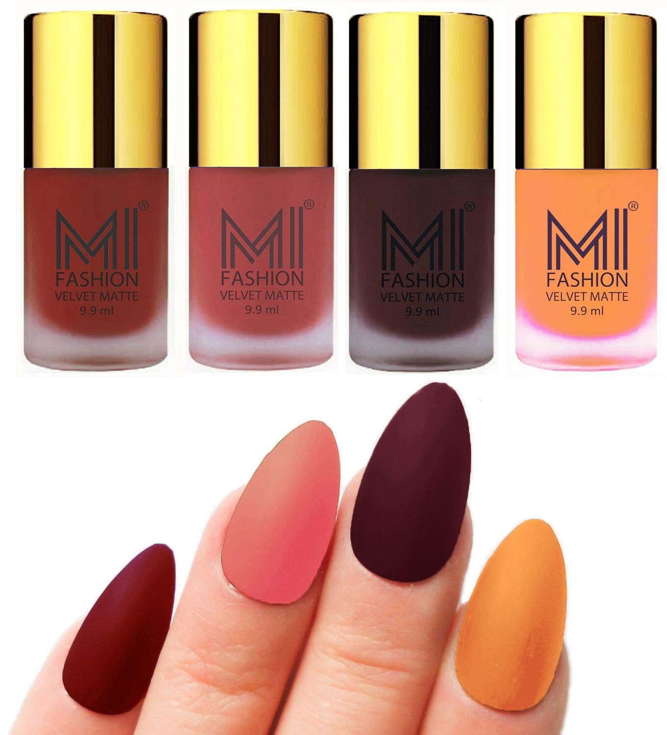 MI FASHION Modern Velvet Matte Lacquer Nail Paint Combos Endless Glam 9.9ml Each Red, Light Peach, Wine, Saffron Orange (Pack Of-4)-image-7