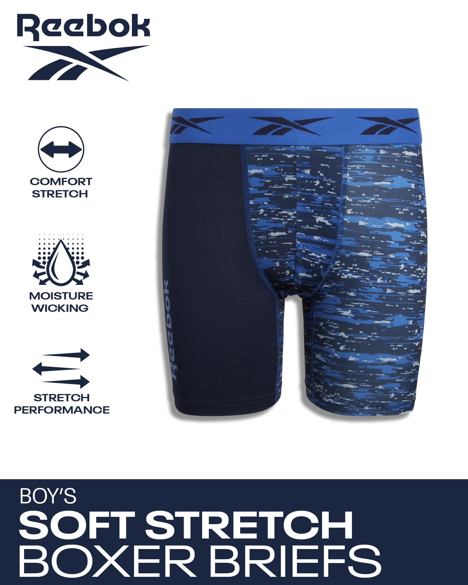 Reebok Boys? Underwear ? Long Leg Performance Boxer Briefs (3 Pack), Size Medium, Blue Print/Grey/Navy