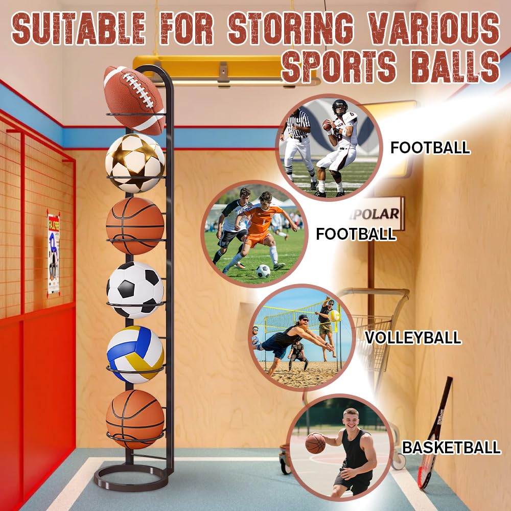 Support Ballon Basket Vertical 6 Niveaux, Range-Ballons Amovible pour Basketball Football