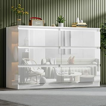 White Chest of 6 Drawers,High Gloss Bedroom Drawer Bedside Table Cabinet No Handle Bedroom Furniture Wardrobe with Large Drawers for bedroom Living room Office Hallway Furniture 6 Drawer