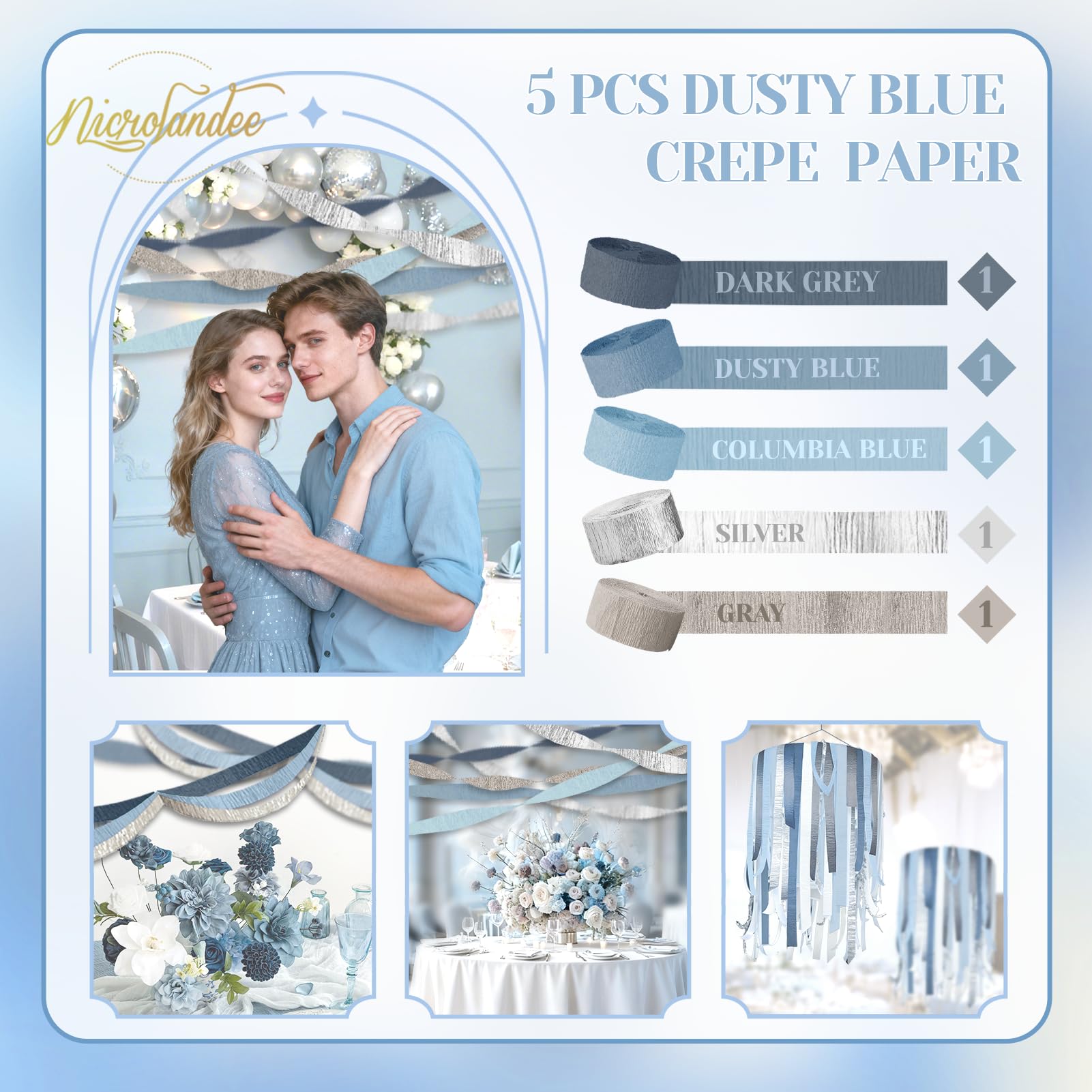 NICROLANDEE 5 rotoli di carta crespa blu polveroso grigio argento per decorazioni di nozze, ghirlanda di carta decorazione per qualcosa di blu, addio al nubilato, sfondo per baby shower