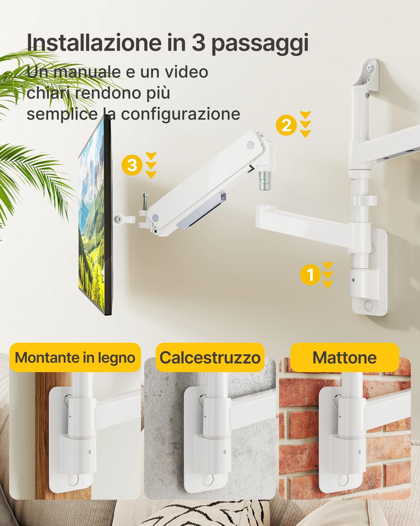 monTEK Supporto da parete per 2 monitor per schermi da 17-35 pollici, fino a 9 kg per braccio, inclinabile, girevole, regolabile in altezza, completamente mobile, VESA 75/100 mm, bianco