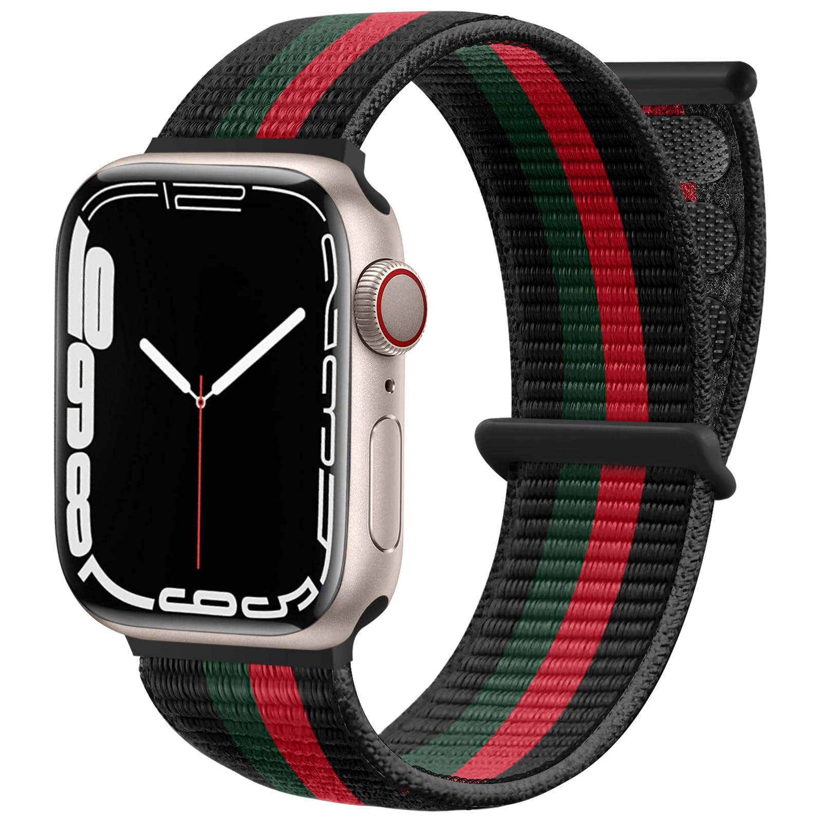 Maledan Cinturino in nylon compatibile con Apple Watch 44 mm, 38 mm, 42 mm, 40 mm, 41 mm, 45 mm, 46 mm, 49 mm, compatibile con iWatch Series 10, 9 8, 7, 6, 5, 4 SE, 38 mm/40 mm/41 mm, nero/rosso/verde