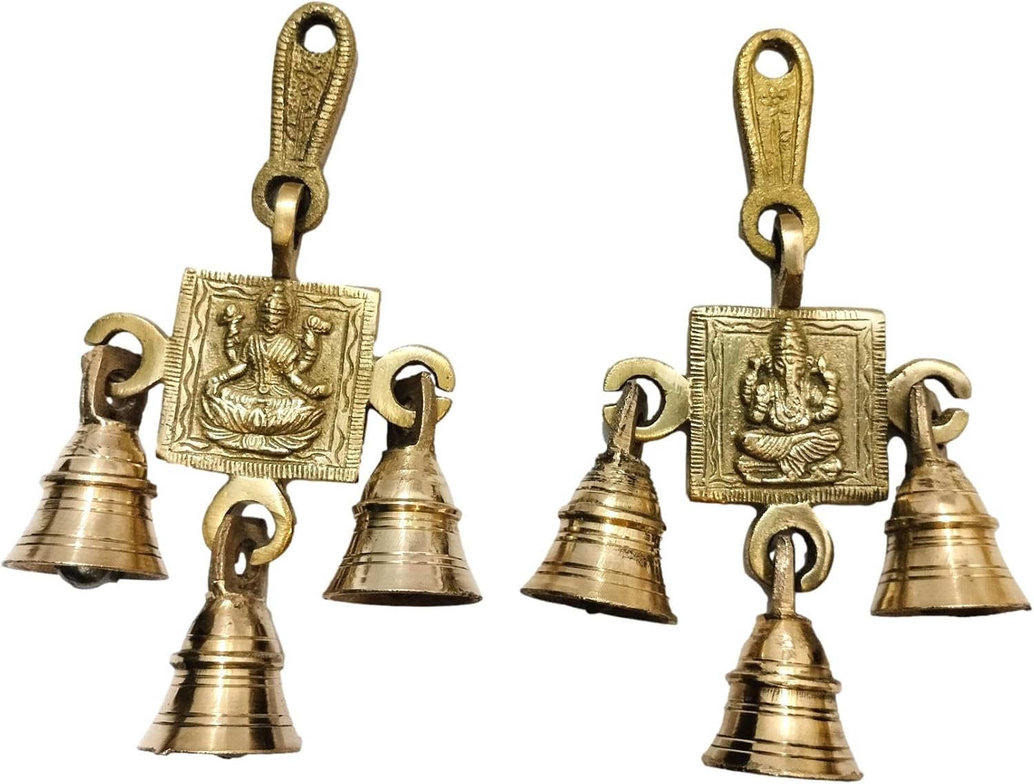 Brass Hanging Shubh labh Door Decor Wall Sculpture Ganesh laxmi 2 pc hangings with Bells (Laxmi Ganesh Hanging)