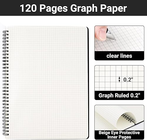 Miniatura 10 de EUSOAR Cuaderno de papel gráfico en espiral, A5, paquete de 3 unidades, 5.5 x 8.3 pulgadas, 120 páginas, cuaderno de boceto de diario encuadernado