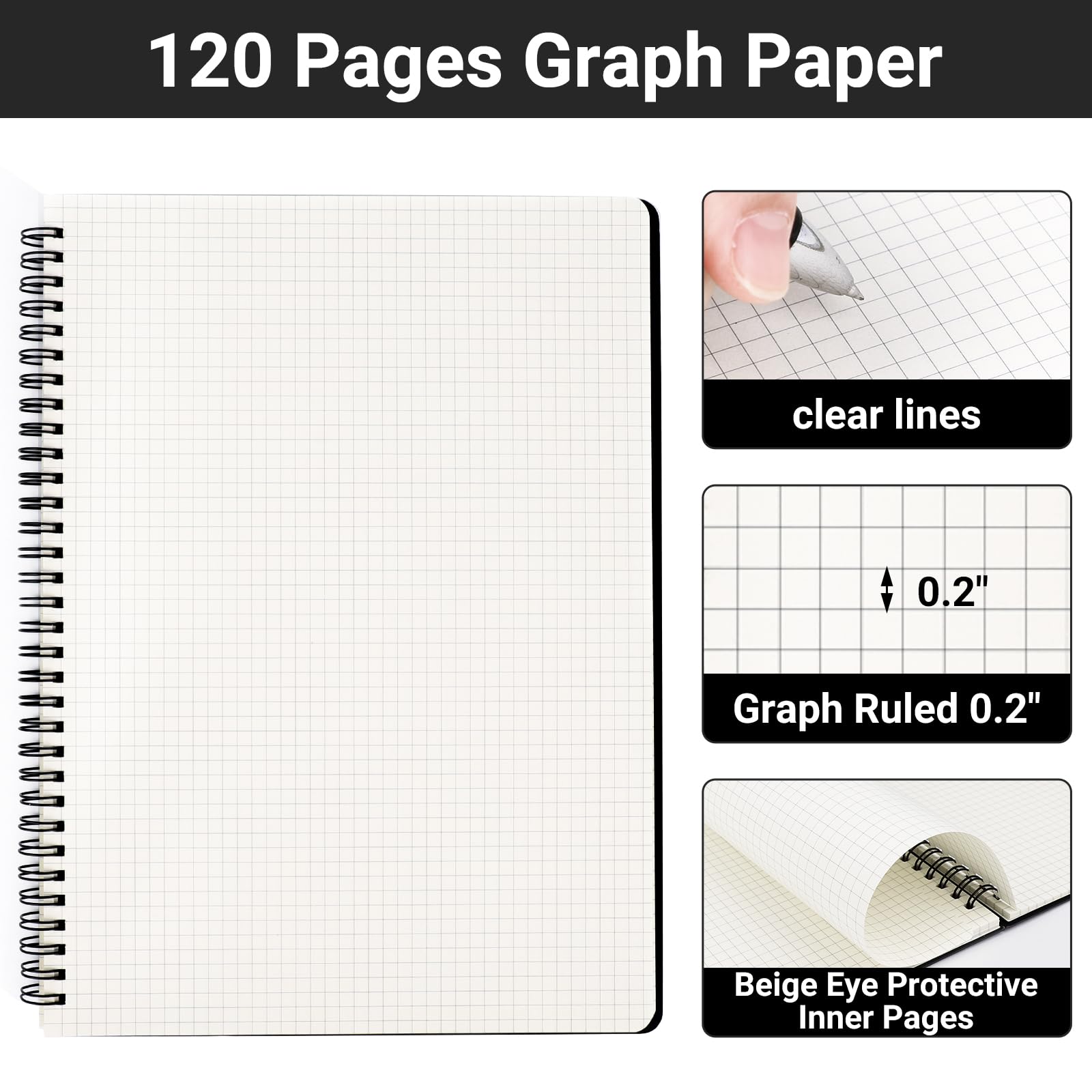 EUSOAR Lot de 3 carnets graphiques à spirales, format A4, 21,6 x 27,9 cm, 120 pages, couverture rigide, papier quadrillé à spirale, composition pour mathématiques, sciences, ingénierie, dessin,