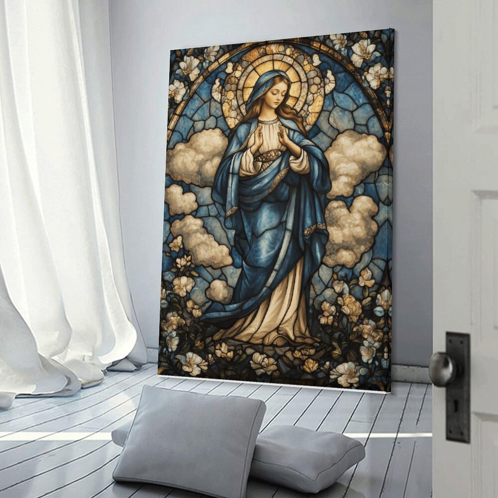 Junmoney Stained Glass Virgin Mary-1 Canvas Wall Decor 20x30inch(50x75cm), for Workspace Walls, Study Corners Or Bedrooms, Decorative Artwork for Productive Spaces