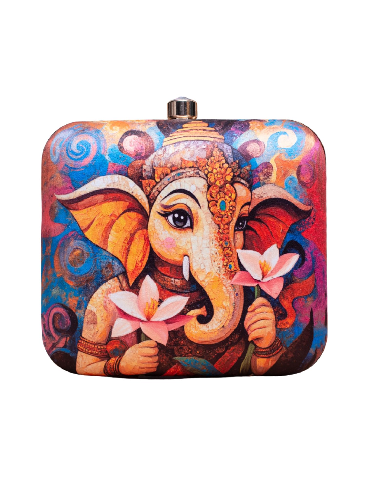 Ganpati Printed Multicolored Floral Clutch Bag For Women With Detachable Strap | God Printed Clutch-image-45