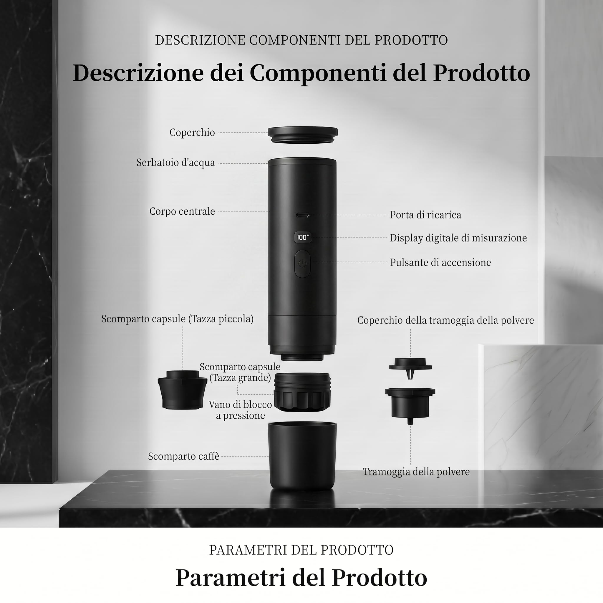 Macchina Caffè Espresso Portatile 3 in 1, Macchina da Caffè Italiana Automatica con Funzione Riscaldamento, Compatibile con Capsule Grandi, Piccole e Polvere, Batteria Ricaricabile USB (Nero)