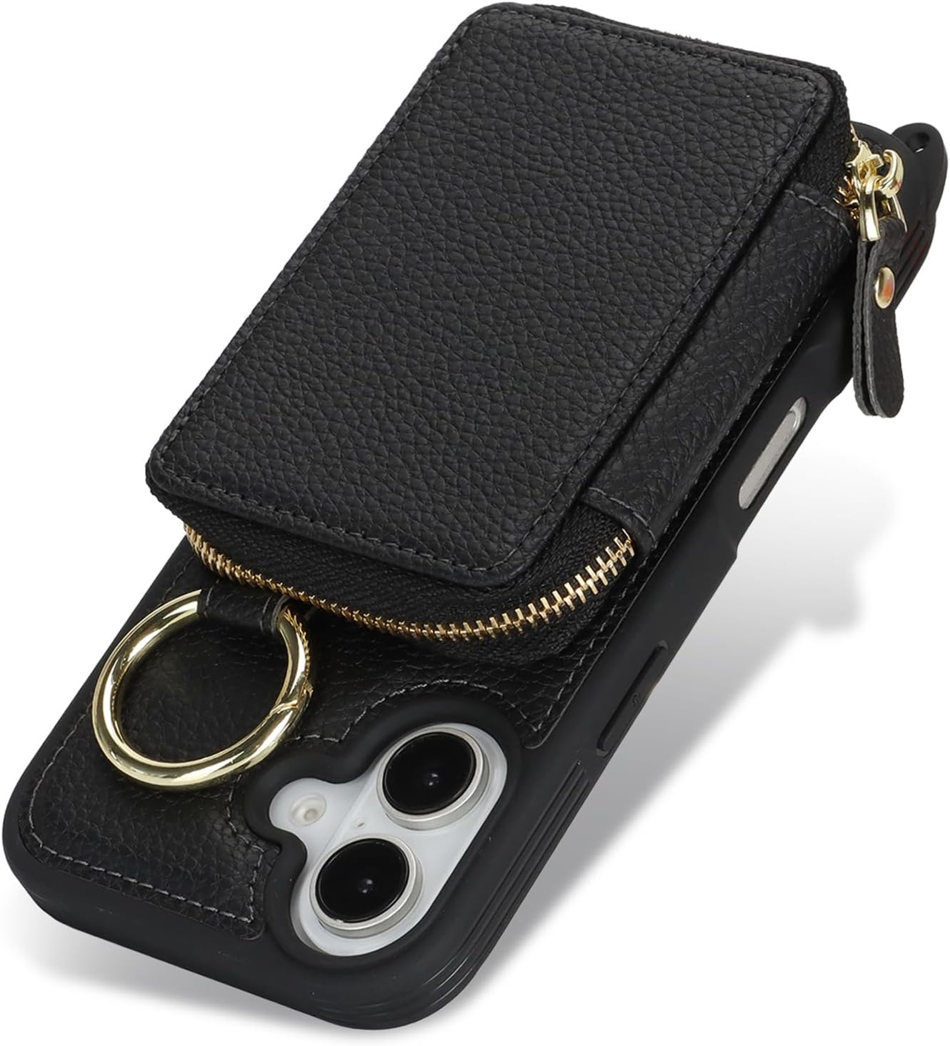 Crossbody Wallet Case for iPhone 17 with Shoulder Stap,Finger Ring, PU Leather Zipper Handbag Purse Flip Cover, Kickstand Folio Case with Card Slots Holder 5G 6.3 Inch, Black