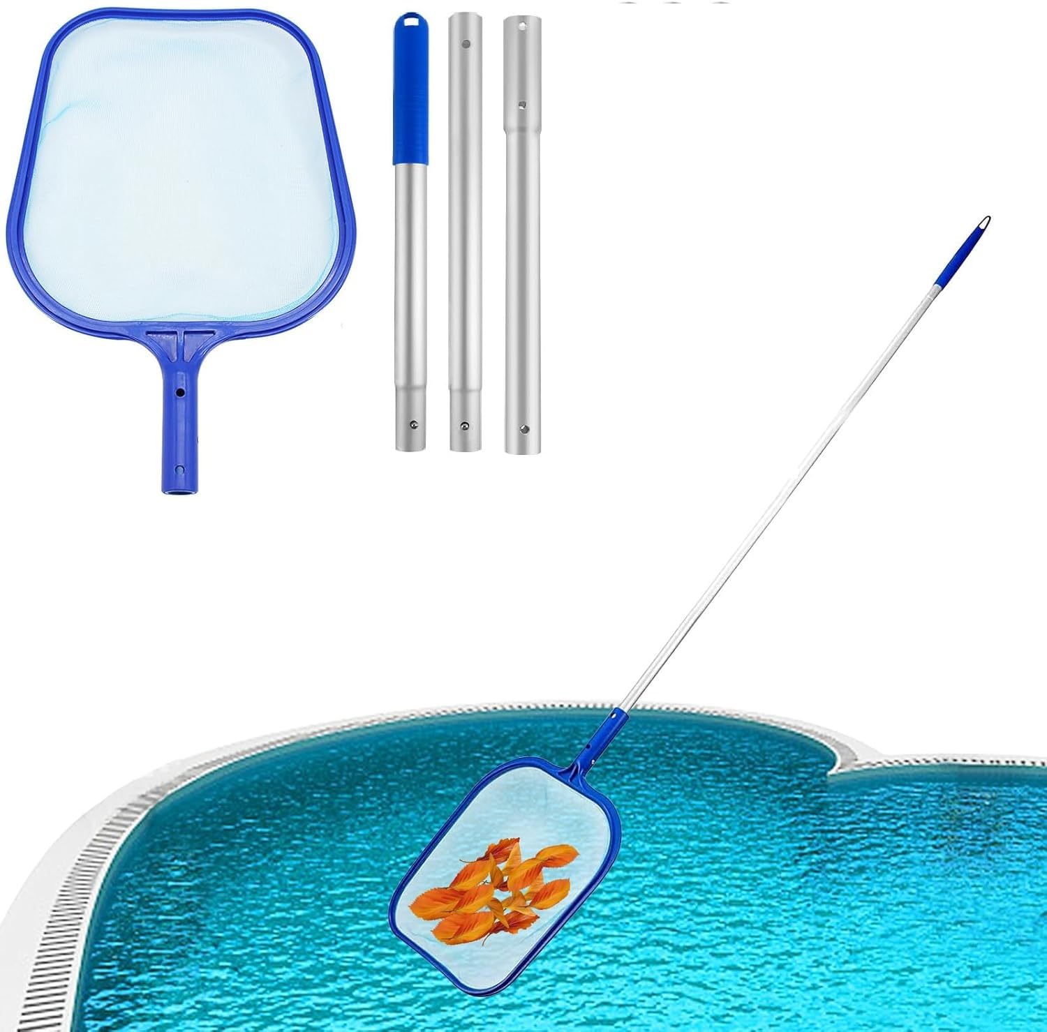 Luteti Pool Nets for Cleaning Pool Leaf Net Pool Cleaning for Catching Floating Leaves, Insects,Adjustable 3 Connecting 55Inch Aluminium Telescopic Pole Excellent Swimming Pool(Blue)-image-30
