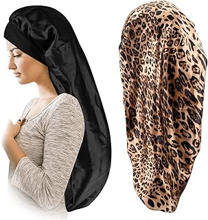Satin Bonnet for Women 2 Pack Soft and Elastic Black Leopard Long Hair Cap，Large Breathable Silky Hair Bonnet for Sleeping...
