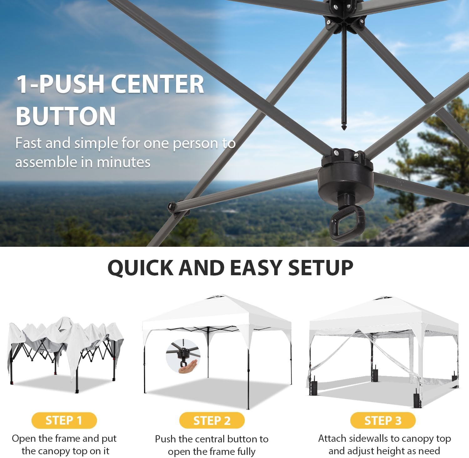 10x10 FT Pop Up Canopy with 4 Clear PVC Sidewalls, Instant 1-Button Push Canopy Tent for Outdoor Activities & Events