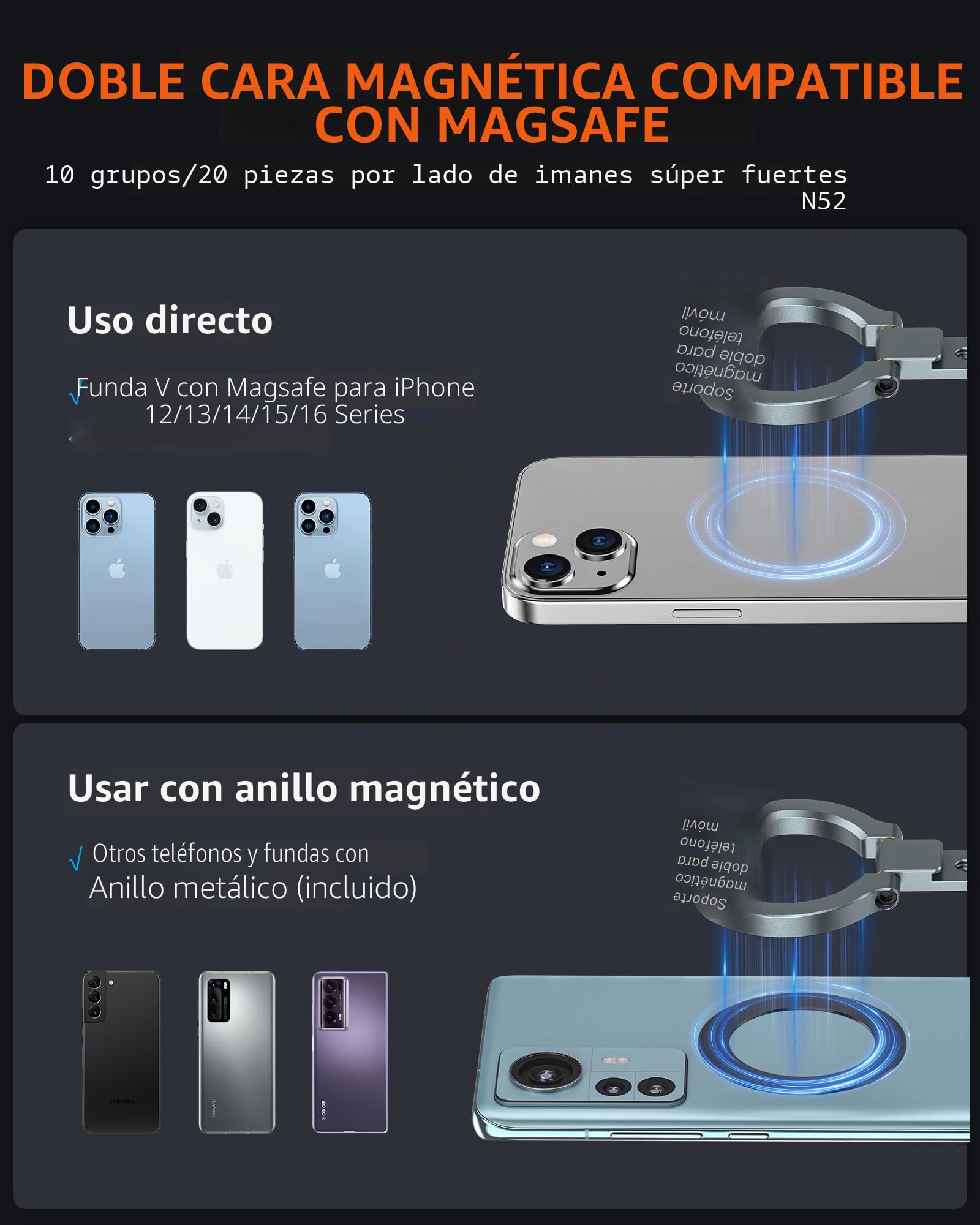 Soporte magnético de Aluminio MG-02 Plus con Doble imán para teléfono con Montura de frío de 1/4" para Gimnasio y Viajes, Soporte magnético para iPhone 16 15 14 13 12 Pro MAX Plus