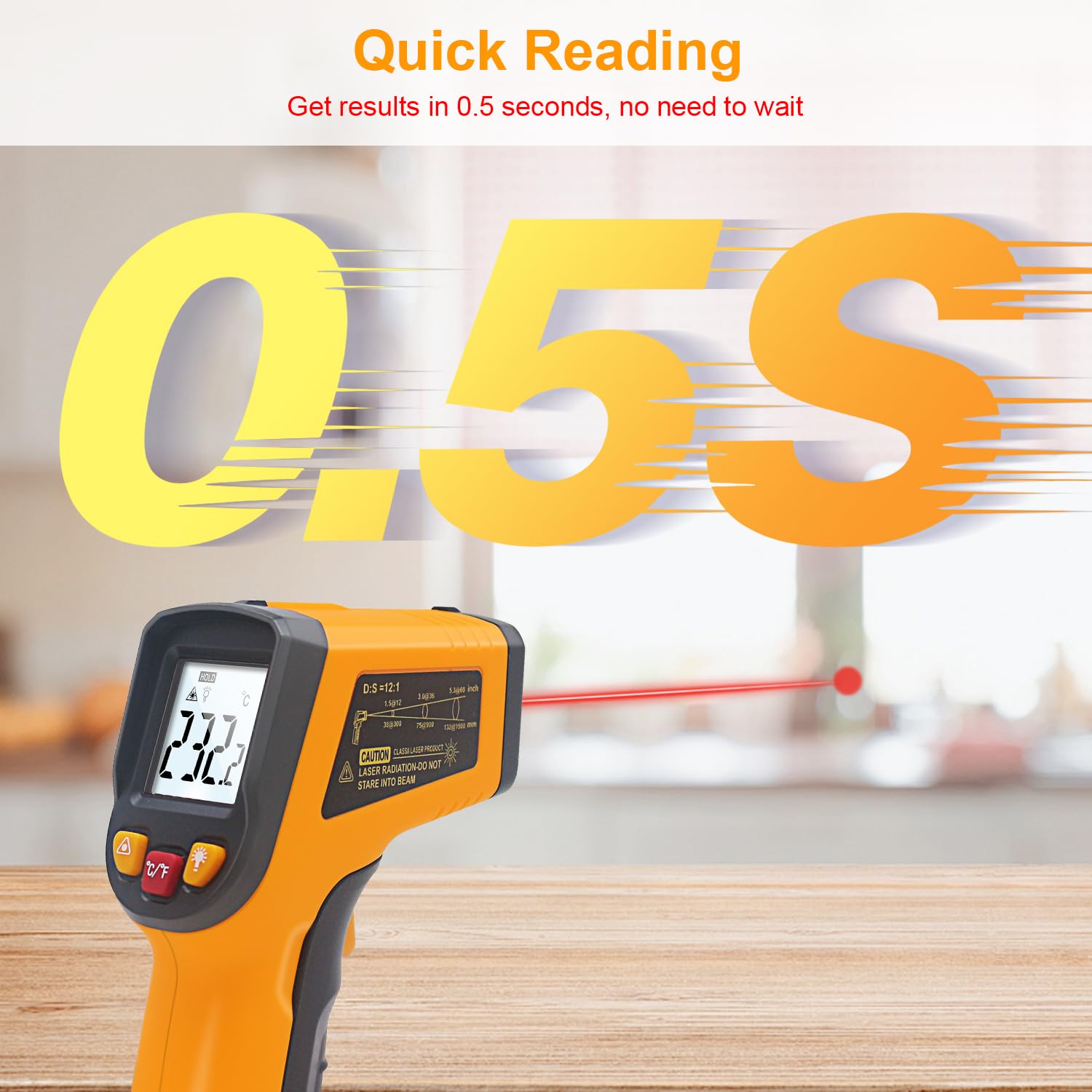 KETOTEK Termometro Laser Infrarossi Digitale -50℃-600℃ Punto laser Senza contatto Batterie AAA incluse Giallo