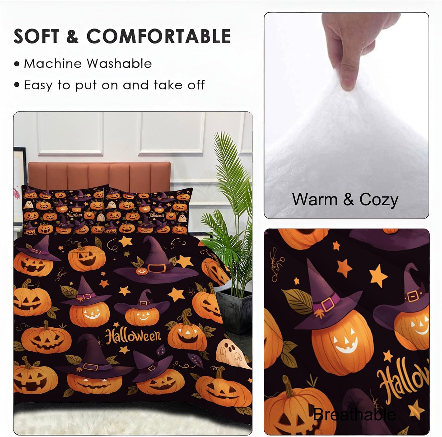 Halloween Ghost Comforter Set Twin Size, Witch Hat Pumpkin Bedding Set for Teens Adults Room, Black Soft 68" x 86" Quilt with 1 Pillow Cases, Lightweight Black Quilt for All Season