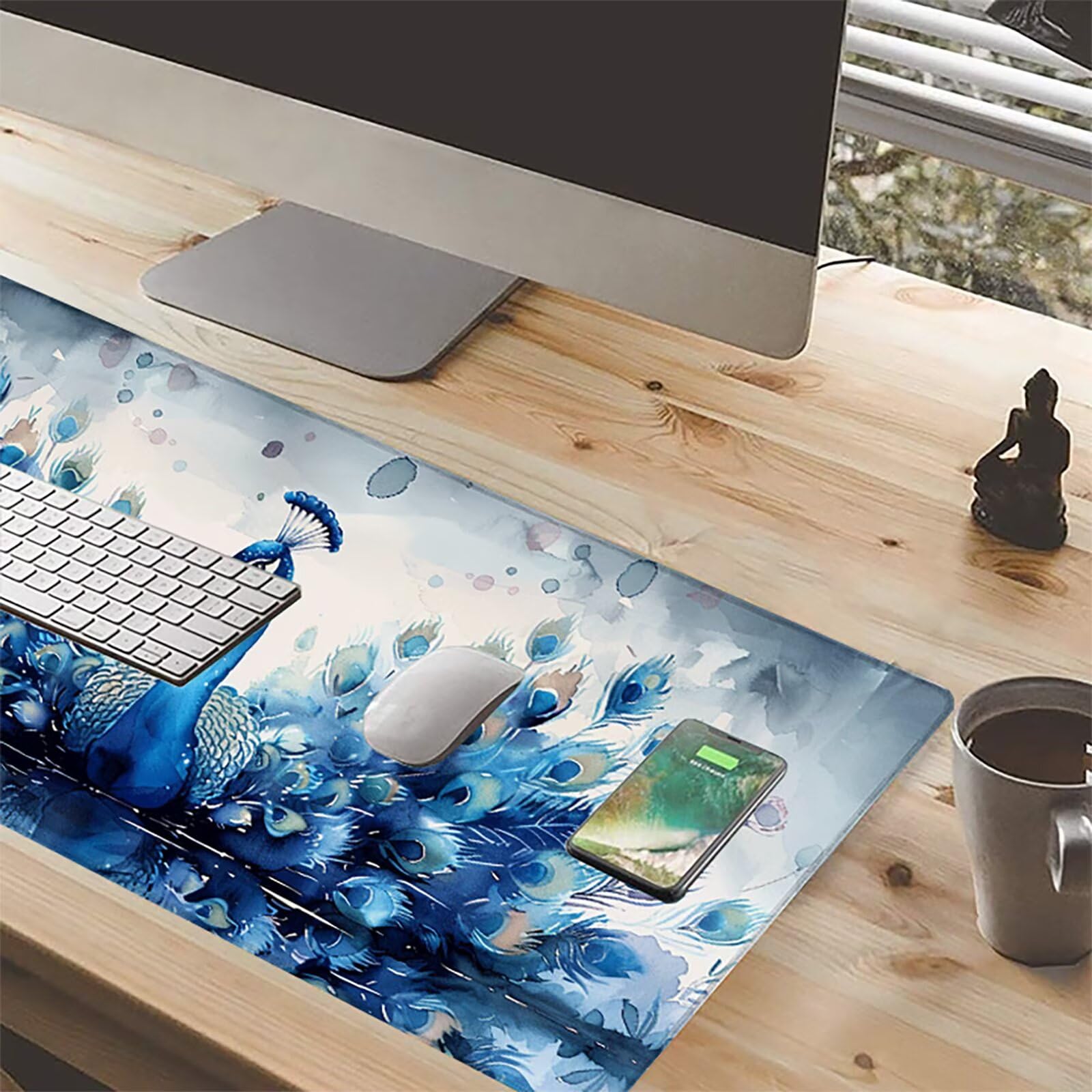Pavo Real Alfombrilla Ratón Gaming XXL 1500x800 mm, Alfombrilla Gaming Azul Mousepad con Base de Goma Antideslizante Impermeable Desk Mat para Teclado y Raton Accesorios Gaming, Regalos de Hombre A-2