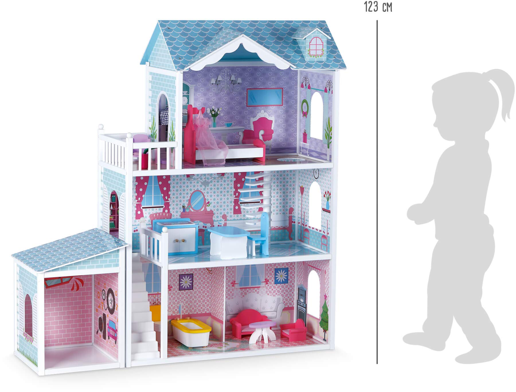small foot 11068 Puppenhaus Deluxe-Villa aus Holz, 3 Etagen mit Garage inkl. 12 Möbel, Spielspaß ab 8 Jahren