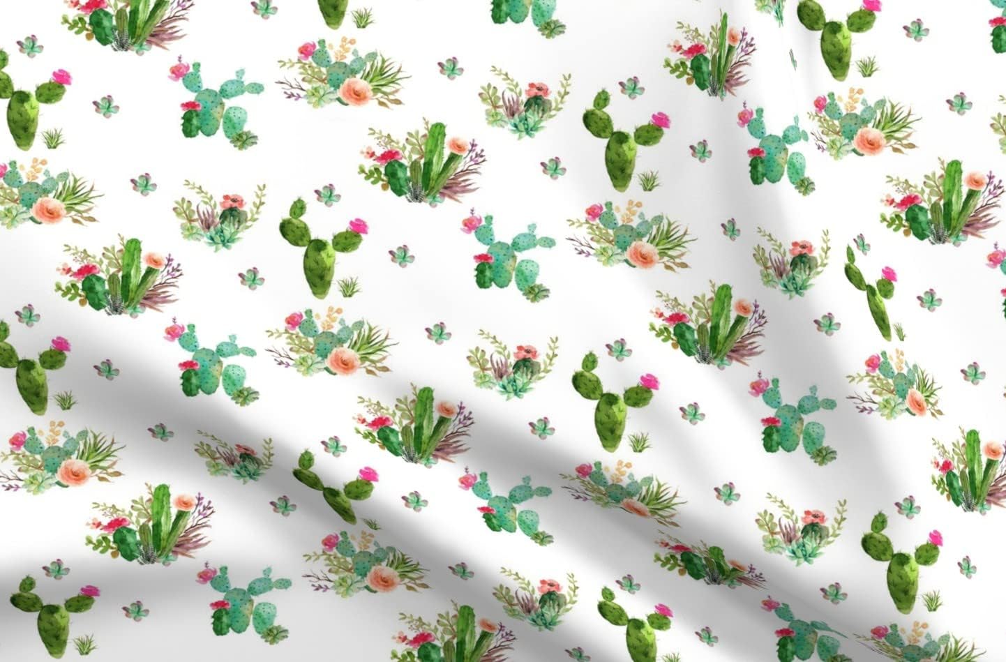 Spoonflower Fabric - Western Flowers White Succulent Floral Cactus Cacti Watercolor Printed on Upholstery Velvet Fabric Fat Quarter - Upholstery Home Decor Bottomweight Apparel