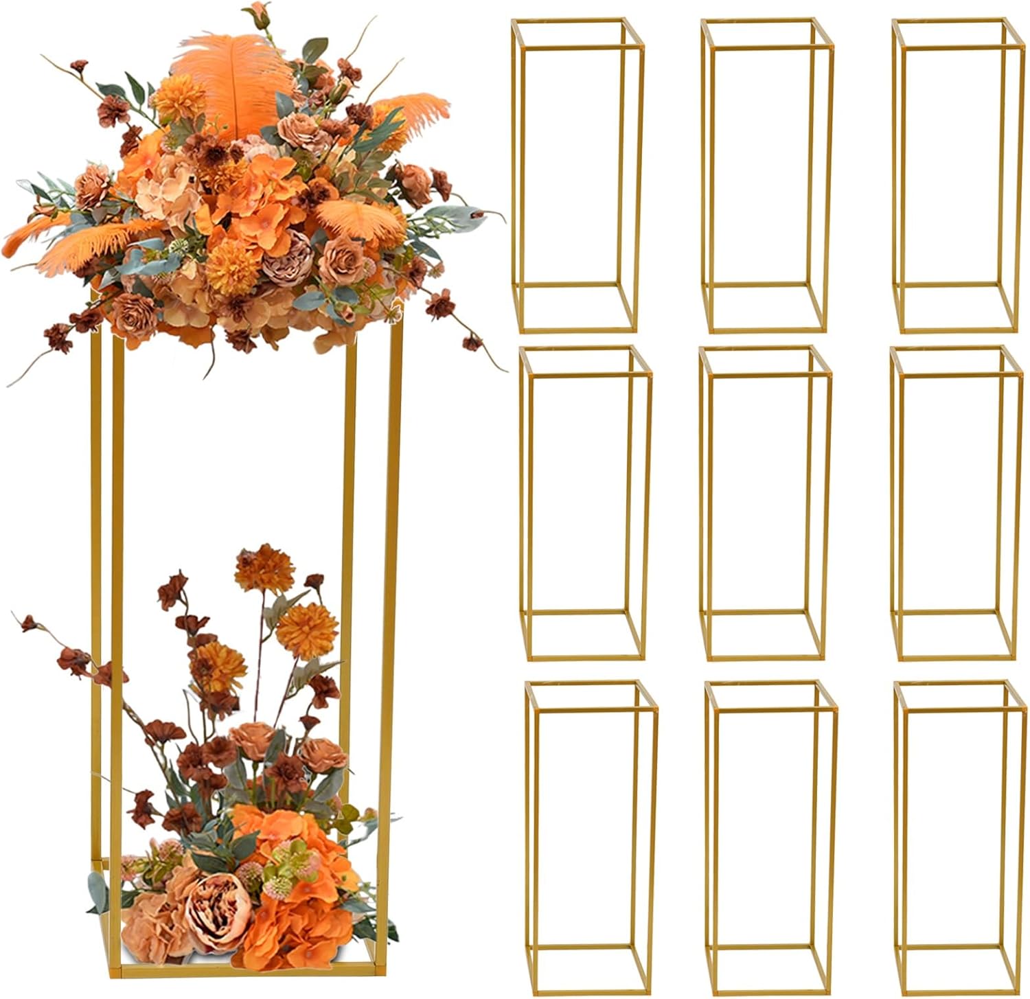 10Pcs 23.6inch High Gold Flower Stand Metal Vase Column Geometric Centerpiece Stands, Wedding Centerpieces Gold Vases Rectangular Flower Display Rack for Wedding Party Event Decoration