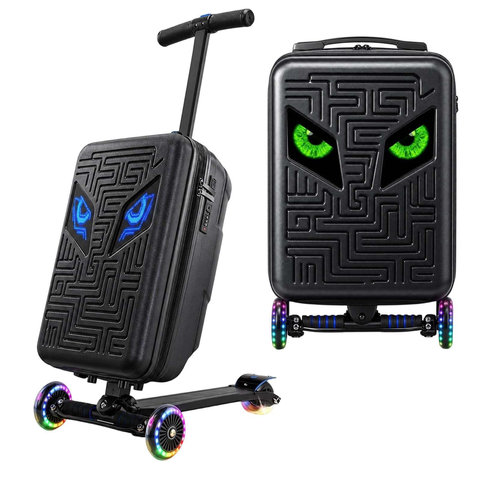 Oakvera Scooter Luggage for Kids & Teens, Expandable Travel Suitcase | 2-Level Adjustable Handlebar, Light-Up Spinner Wheels, Anti-Theft TSA Lock, USB Port, Expandable Storage & Eye Stickers