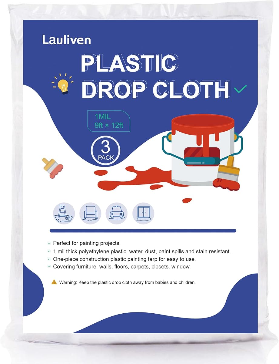 3-Pack Plastic Drop Cloth Sheet 9x12 Ft, 1 Mil Thick Clear Painting Tarps | Waterproof Drop Sheet for Furniture Couch Floor Cover