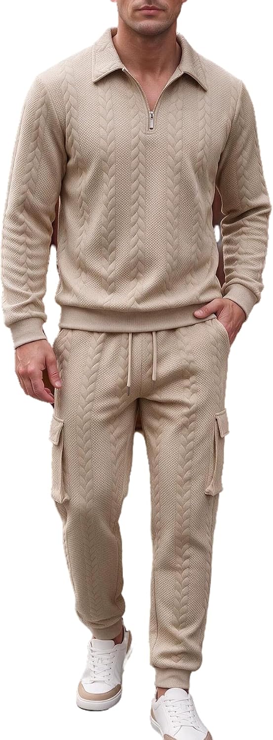 Men's Pullover Sweat Set 2 Piece Long Sleeve Polo Shirt Jogger Sweatpants