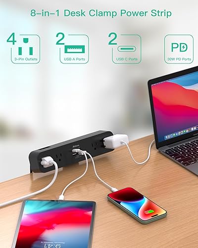 Miniatura 10 de Regleta de alimentación con abrazadera de escritorio, cable de extensión de enchufe plano de 10 pies con USB C, 2 tomas, protector de sobretensiones