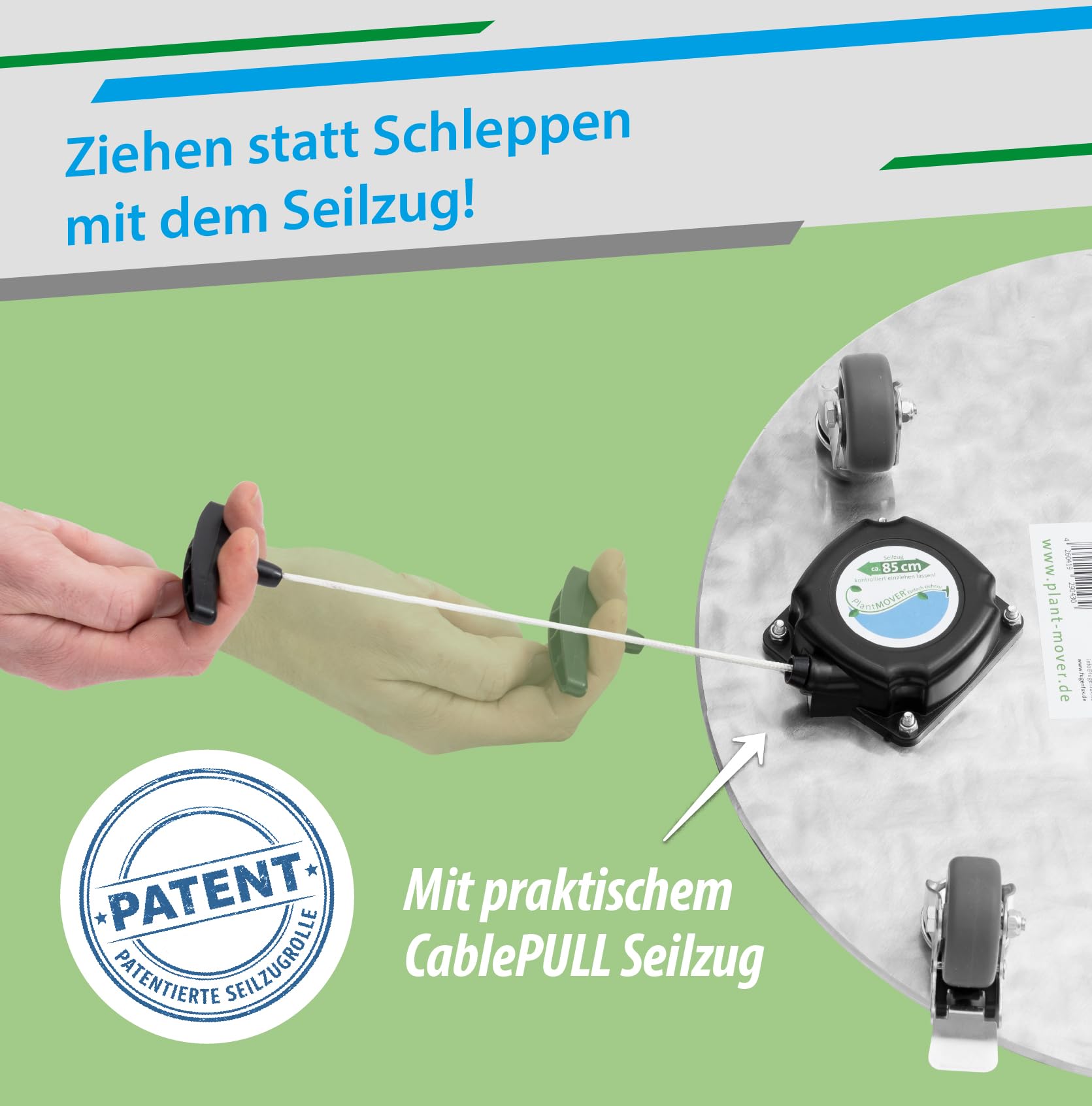 PlantMOVER Pflanzenroller mit Seilzug - 150kg Tragkraft 32,5cm rund - mit robusten Rollen - aus Aluminium-Riffelblech für besten Grip - Rollbrett für Pflanzen - Einfach ziehen Made in Germany