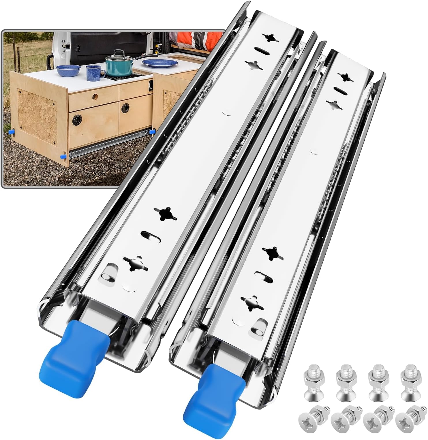 SHUHANG Heavy Duty Drawer Runners with Lock 750mm Ball Bearing 3 Folds Full Extension Drawer Slides Rails Locking 100kg Load Capacity Side Mount, 1 Pair