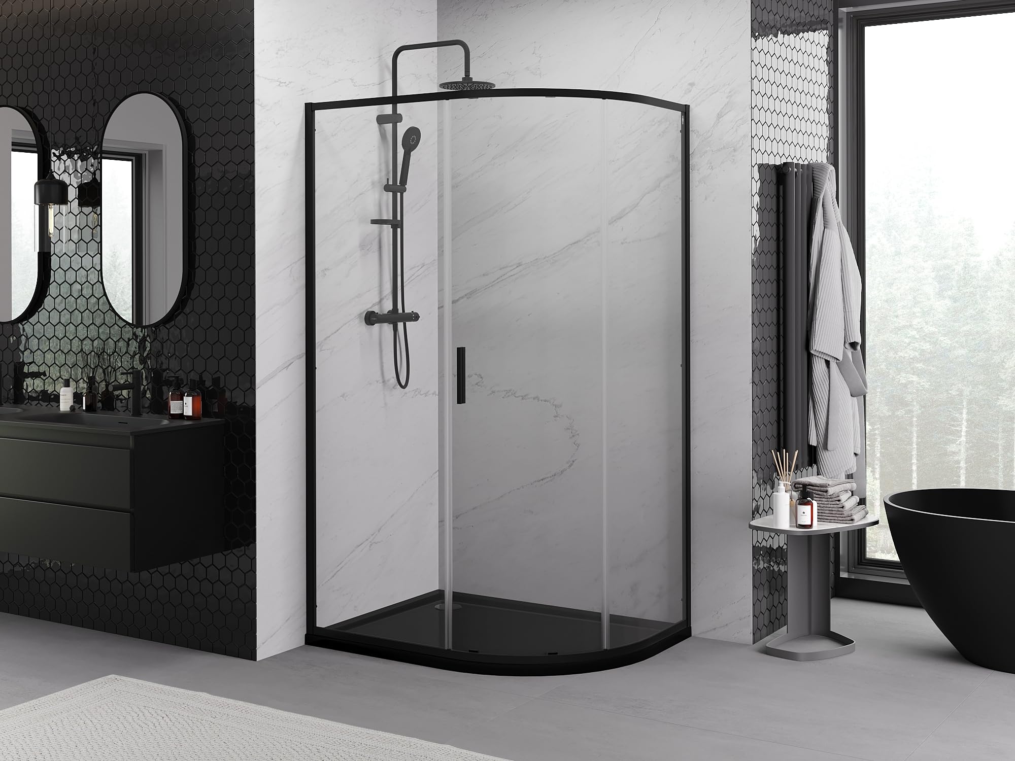 Mexen - Exo Box doccia semicircolare asimmetrico allungabile 120 x 90 cm, trasparente, nero