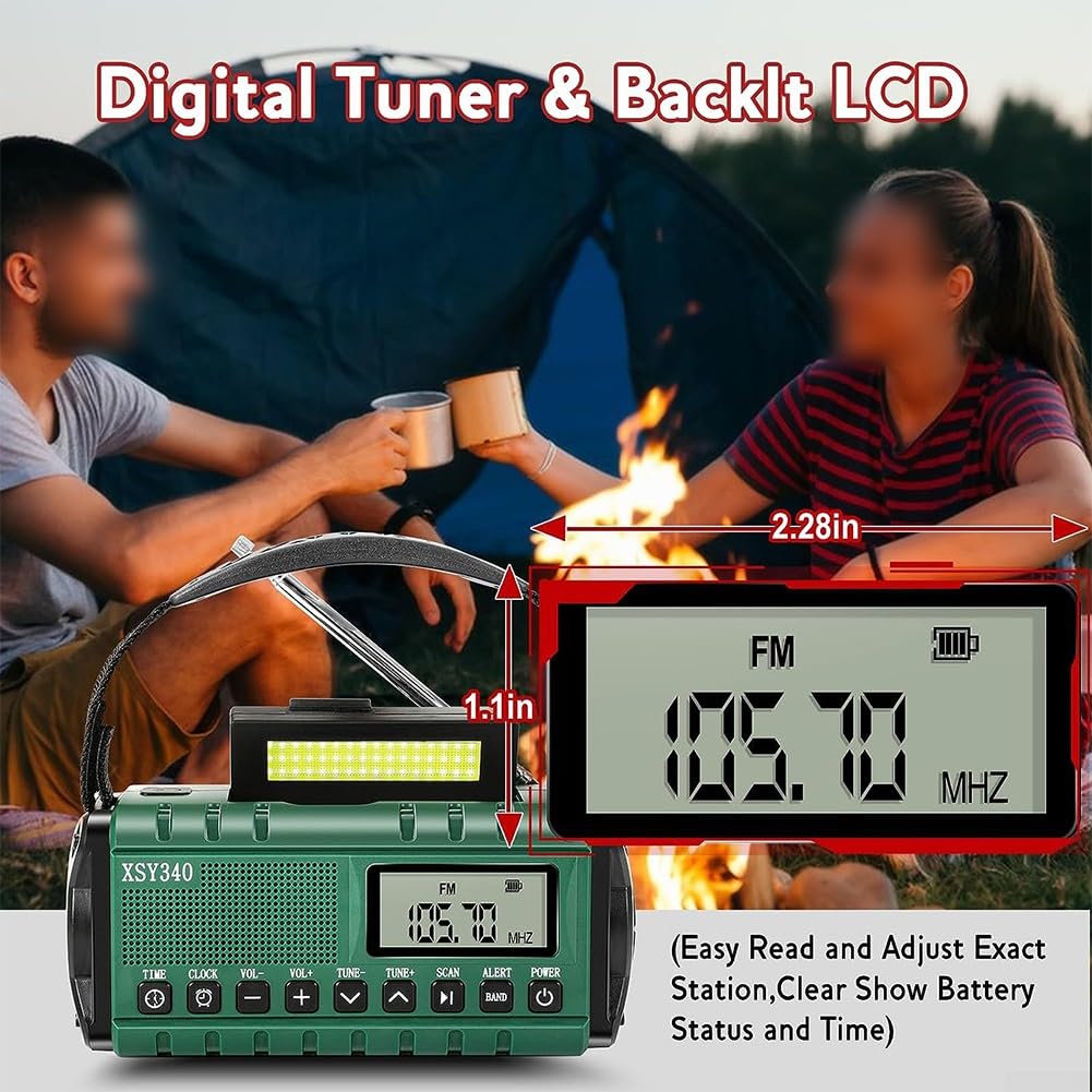 Radio Meteorológica Portátil FM/AM Con Energía Solar Y De Manivela, Batería Externa De 10000 MAh, Linterna LED, Lámpara De Lectura Y Carga USB-C Para Emergencias Al Aire Libre(Army Green)