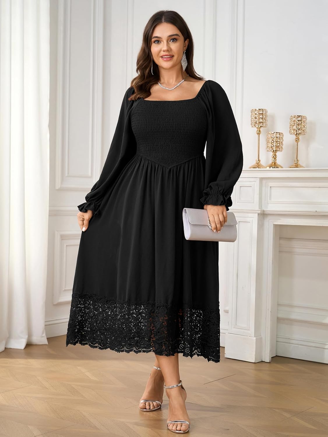 Women's Plus Size Maxi Dress Long Sleeve Square Neck Smocked Flowy A-Line Lace Trim Wedding Guest Dresses - Image 2