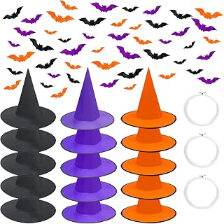 Daily Treasures 15Pack Black&Orange&Purple Hanging Witch Hats Set with 48Pcs 3D Bat Wall Decor & 150m Hanging Rope for Halloween Decorations Costume Accessory,Cosplay,Spooky Decor,Indoor Outdoor Party