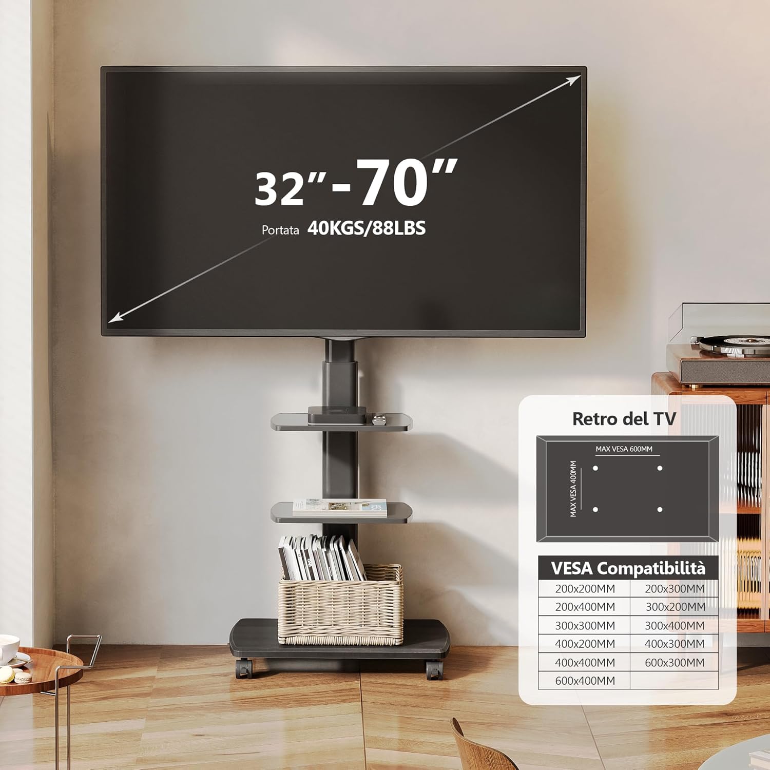 FITUEYES Supporto TV Da Pavimento Mobile Con 3 Ripiani Per TV 32–70 Pollici Fino A 40 Kg, Altezza Regolabile E Girevole, VESA Massimo 600×400, Ideale Per Appartamenti E Uffici