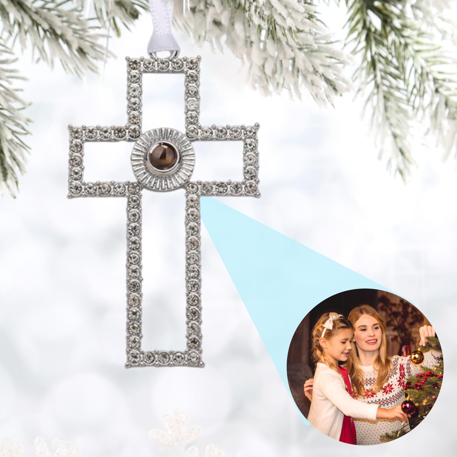 JOYWU Personalized Photo Projection Ornaments 2026, Custom Photo Ornament for Christmas Tree, Memorial Snowflake Drop Pendant with Picture Inside Hanging Home Decor for Party (I-Cross)