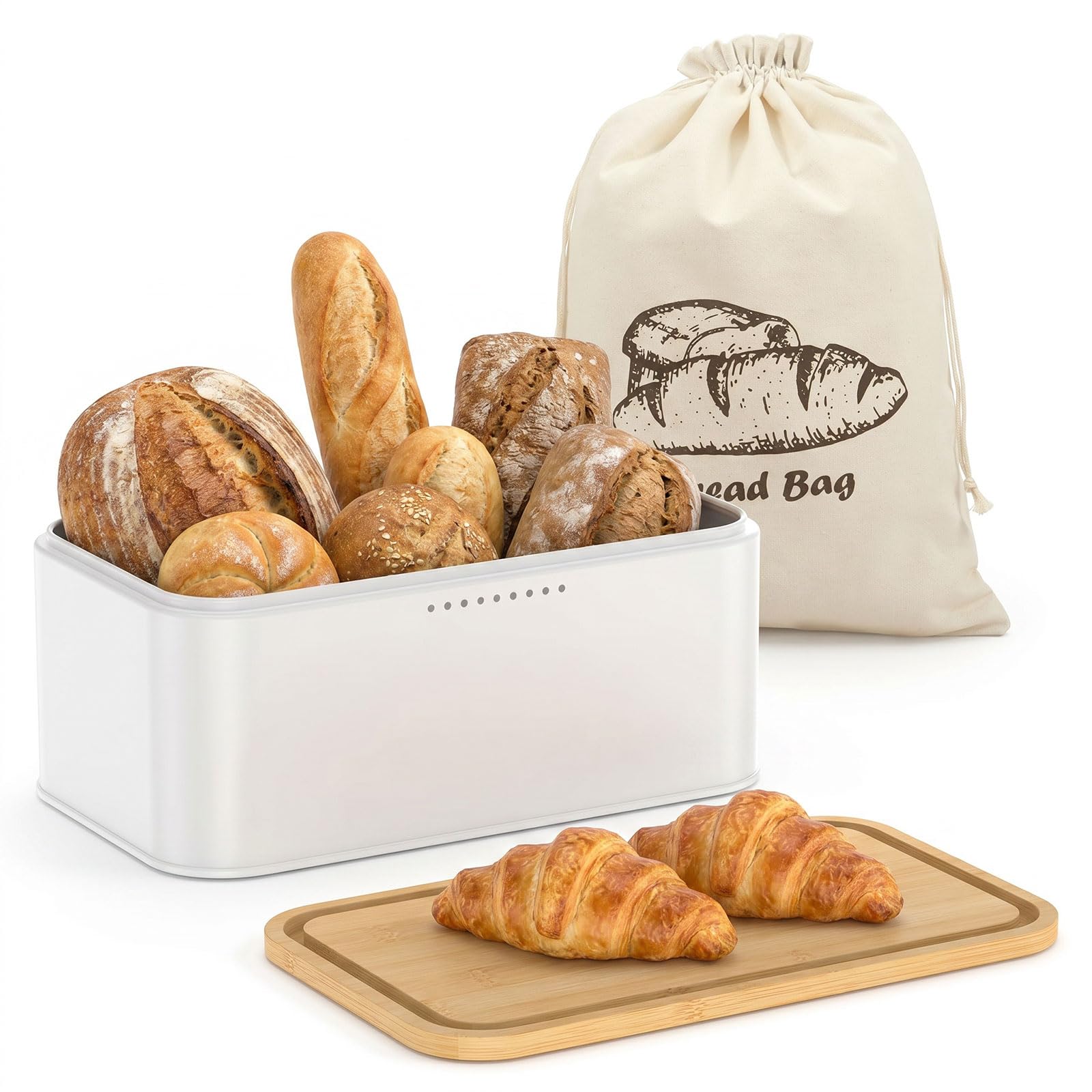ZEJEXXB Bread Bin with Bamboo Cutting Board Lid and Cotton Bag Metal Bread Storage Container with Airy Holes to Keep Toast Fresh for Loaves, Pastries, Rolls(White)