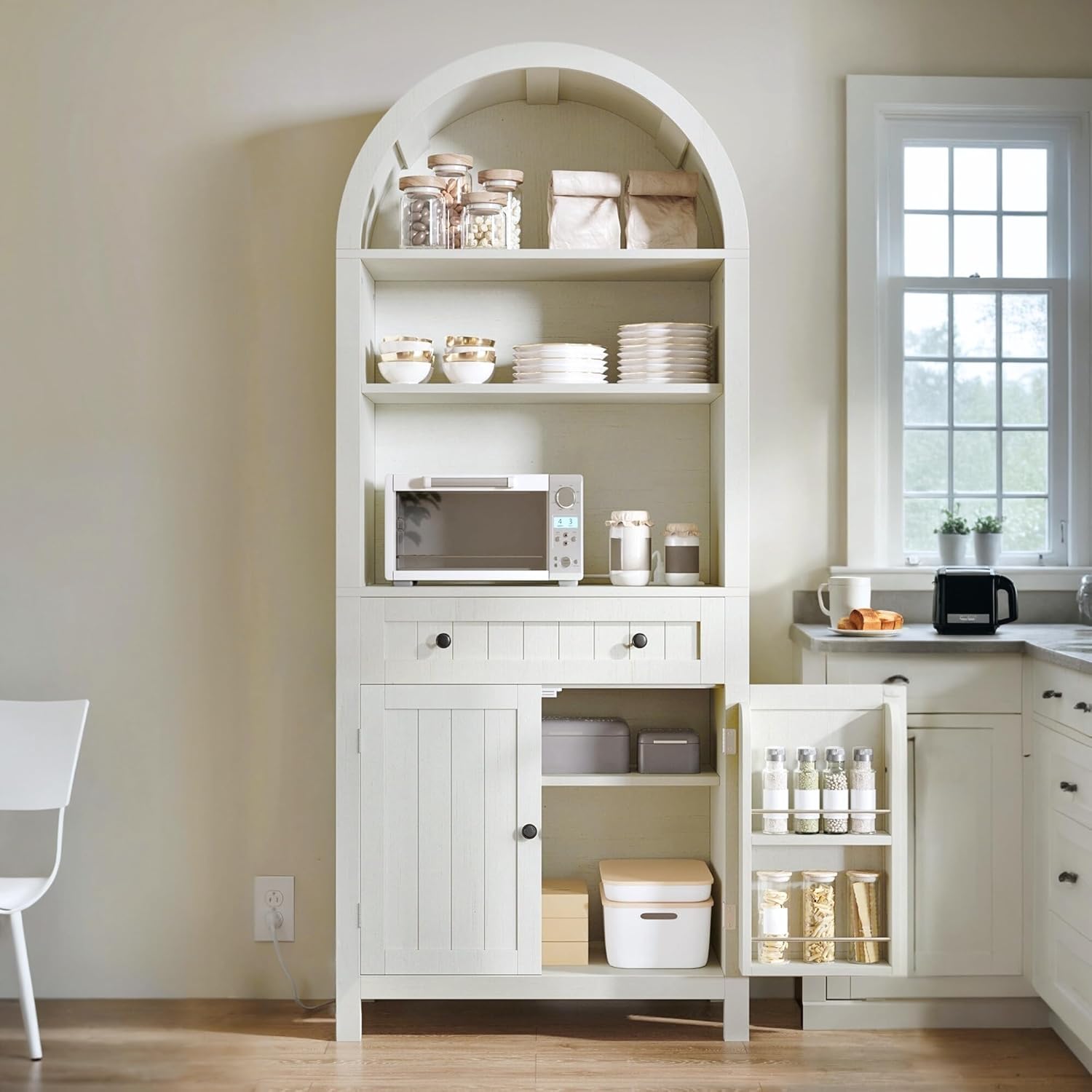 DWVO Arched Kitchen Pantry Cabinet, 73" Tall Kitchen Storage Cabinets with Charging Station, Farmhouse Versatile Cupboard with Shelves, Drawer & Door Racks for Dining Living Room, Vintage White