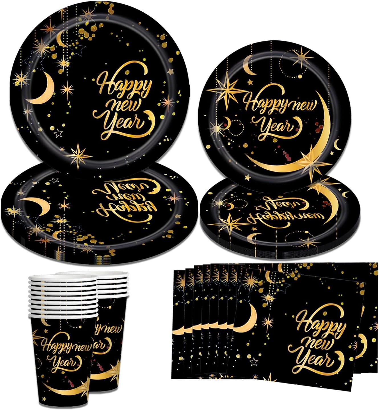 2024 New Year Party Decorations Black Gold Happy New Year Tableware New