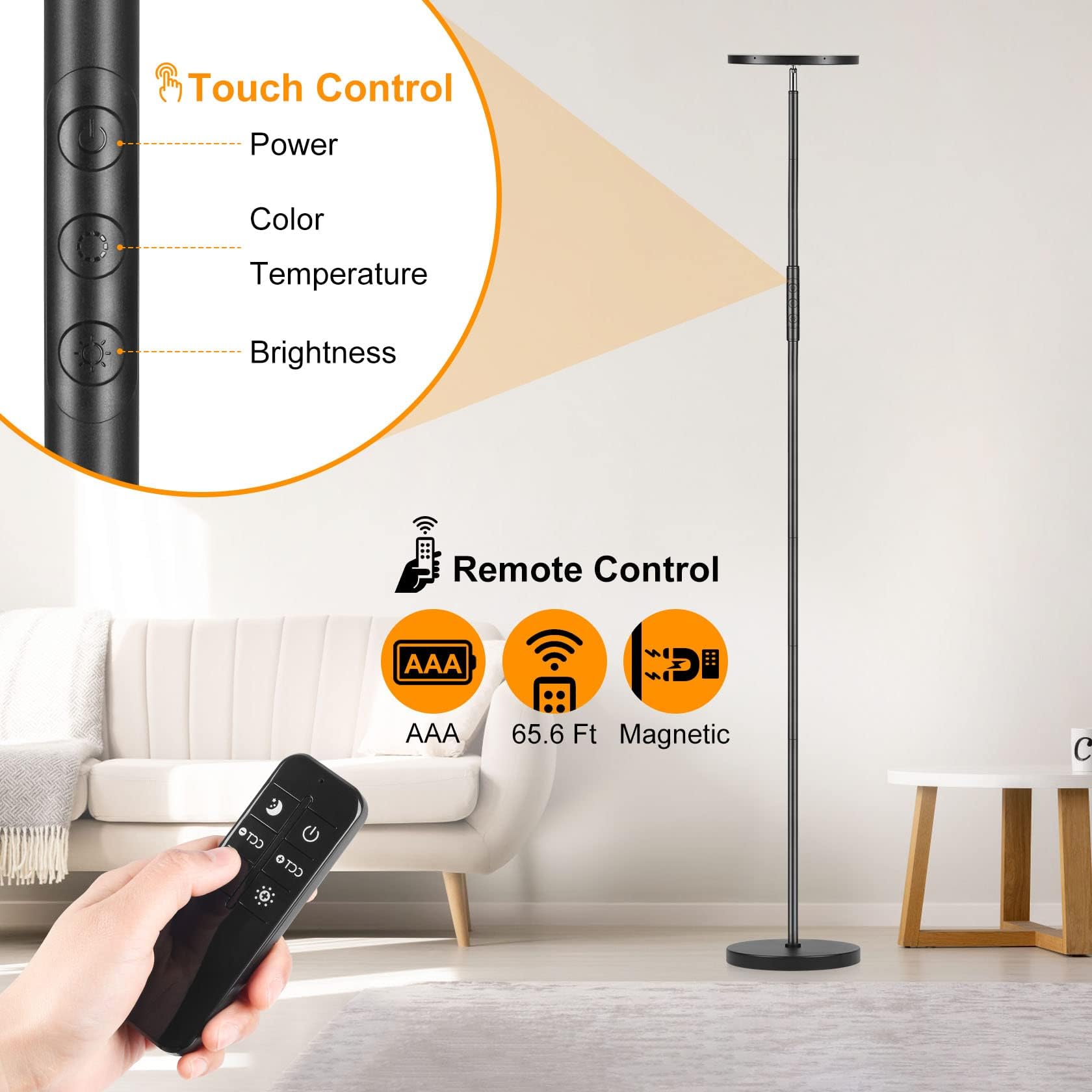 Lámpara de pie, 36W 3600LM Lámpara de pie Super Brillante, 350W Equivalente Moderna Lámpara Torchiere con Mando a Distancia y Control Táctil, 69" Lámpara Alta para Sala de Estar Dormitorio Oficina