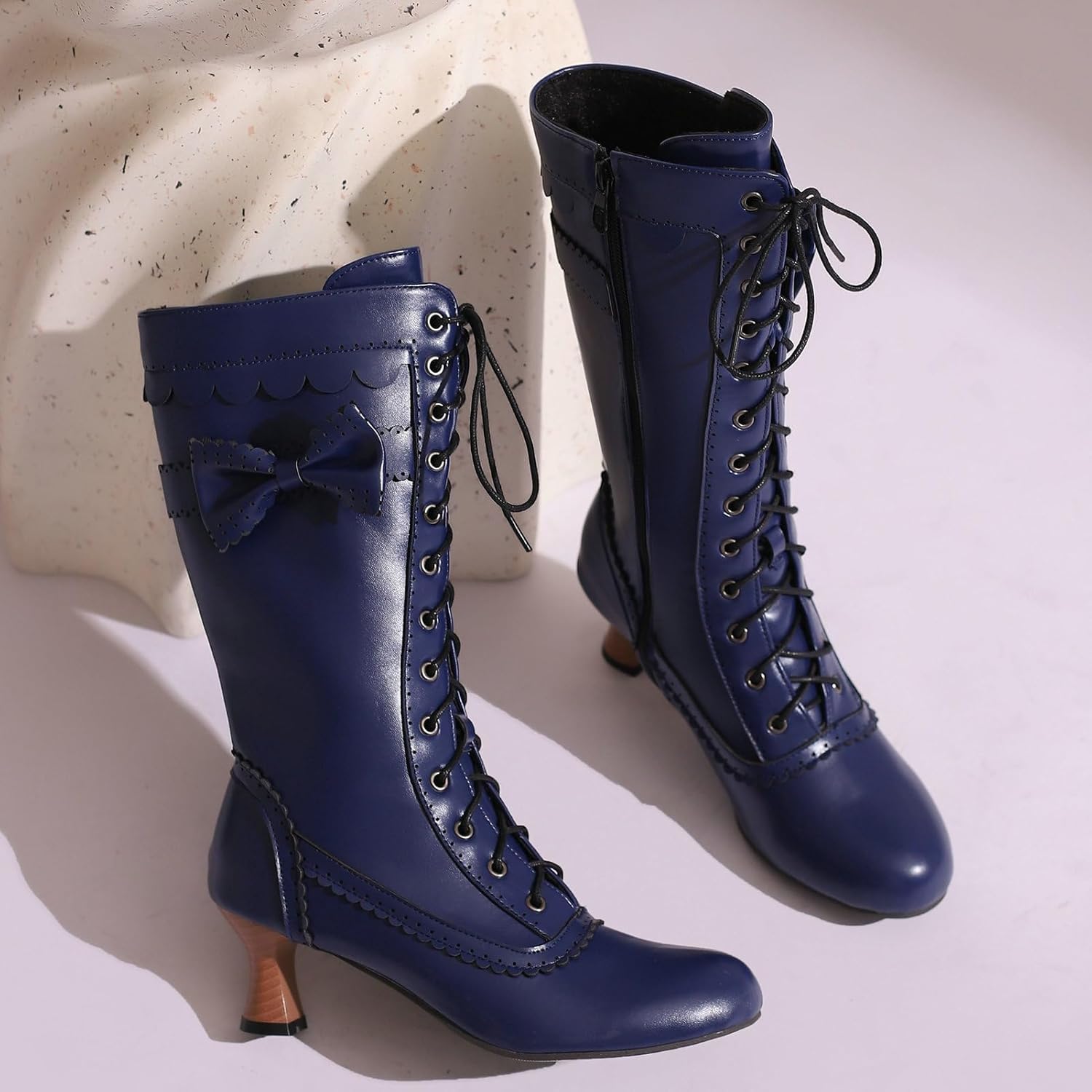 LUXMAX Women Gothic Victorian Boots Low Kitten Heel Mid Calf Boots Lace Up Cute Bow Boots for Ladies Witch Shoes - Image 4