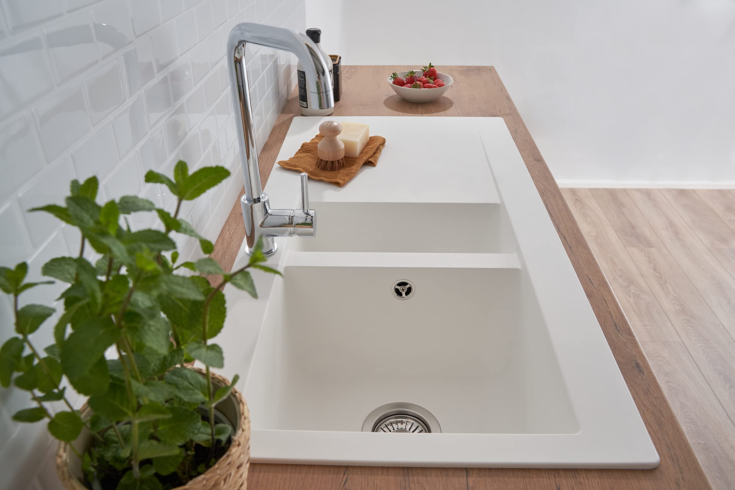 Respekta Lavello da Cucina Denver in Mineralite Color Bianco, Lavello da Incasso con 1 vasca, dimensioni 100 x 50 cm, Lavello Adatto per Mobili Sottolavello da 60 cm di Larghezza