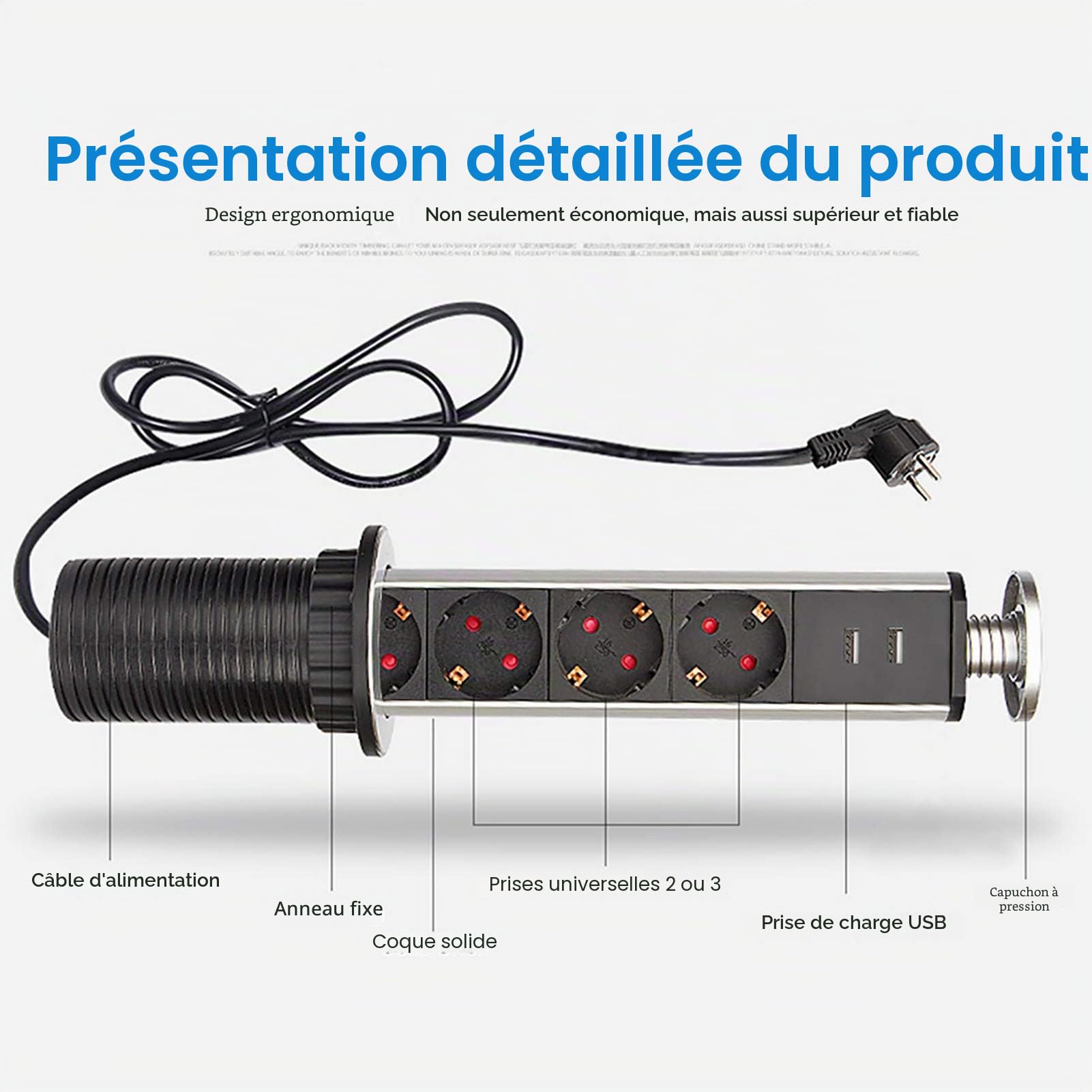 EBTOOLS Multiprise Encastrable Plan de Travail avec 4 Prises de Courant et Port USB Bloc Prise Escamotable avec Câble pour Table Bureau Cuisine