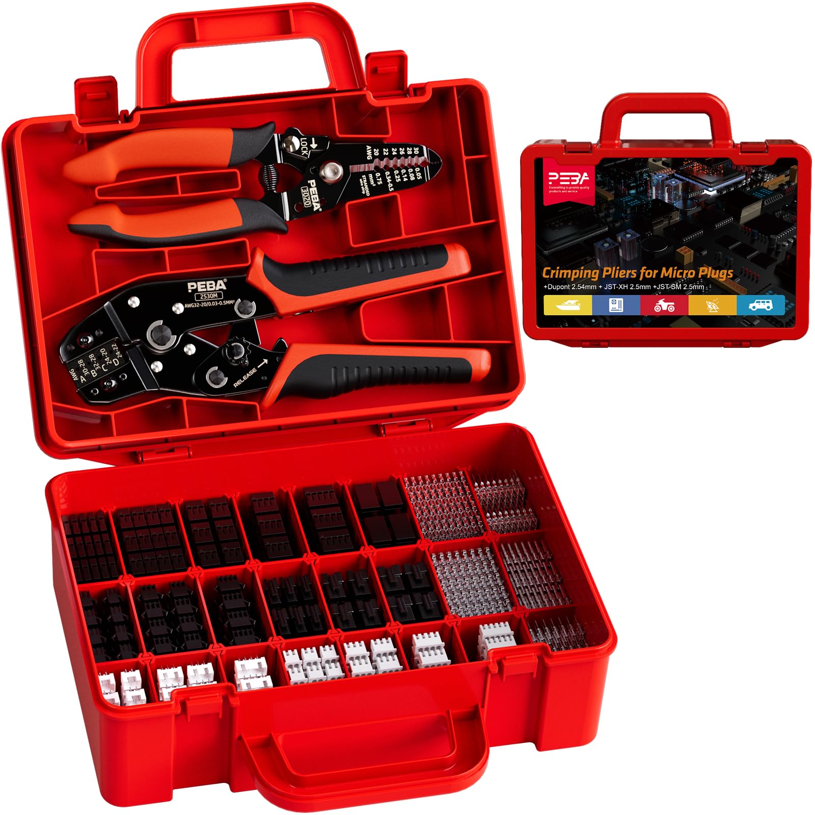 Crimping Tool and Dupont Connector Kit - 24 Types of 2.54mm Dupont Connectors & Crimp Pins, 2.5mm JST-XH & JST-SM Contacts and Housings, for DIY Electronics - Suitable for 0.03-0.5 mm² Wires