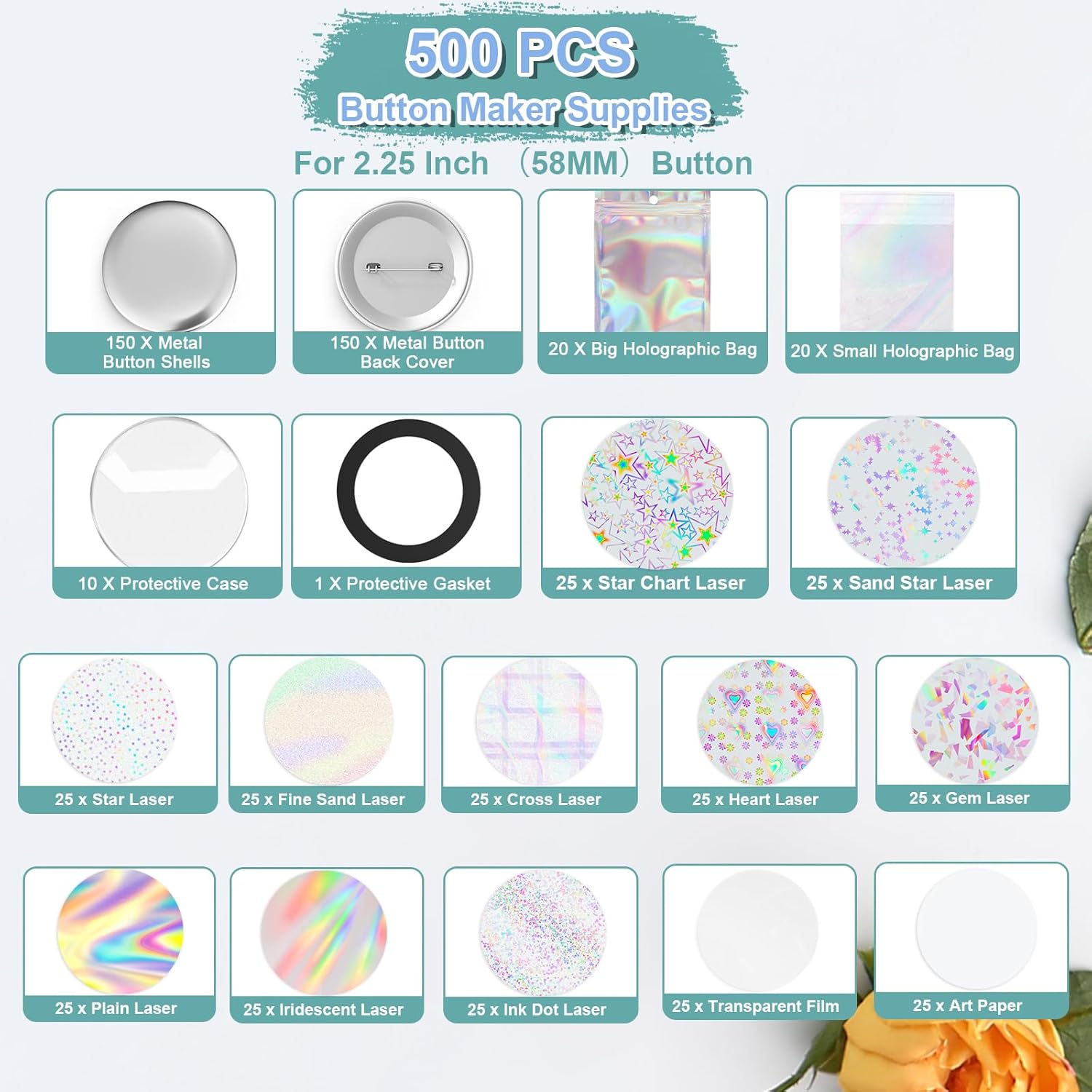 500 Sets Button Maker Supplies, 2.25 Inch 58mm Pin Maker Supplies, Including Metal Cover, Metal Back Cover, Round Badge Sparkling Holographic Film, Blank Paper, Gasket & Holographic Bags (500)